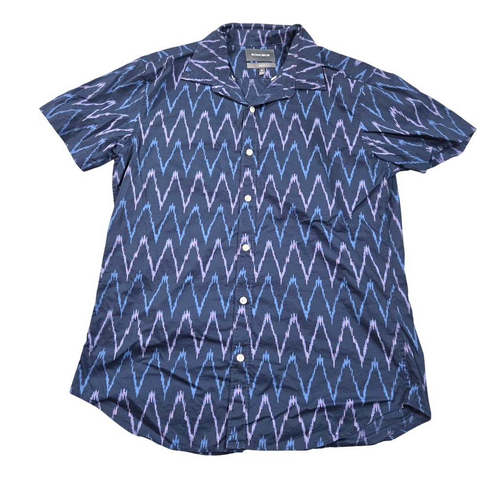 Bonobos Shirt Mens Medium Blue Slim Fit Short Sleeve Button Down Ikat Zigzag
